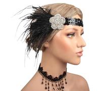 Bandeau à plumes pour femme - Bandeau à plumes vintage des années 1920 - Accessoire pour femme - Carnaval, cocktail, mariage, fête à thé, noir A