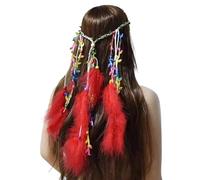 Bandeau à plumes pour femme - Style bohème - Style hippie - Accessoire de tête - Pour festival, fête, casque de cross - Rouge - Taille unique