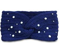 Bandeau/cache-oreilles pour femme - tricoté - à perles - hiver - bleu foncé - 23 x 13 cm