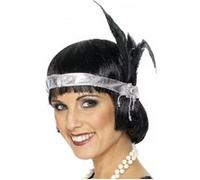 Smiffy's Bandeau Charleston satin argenté, plumes noires et joyaux – Halloween