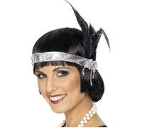 Smiffys Bandeau charleston satin argenté, avec plumes noires et joyaux