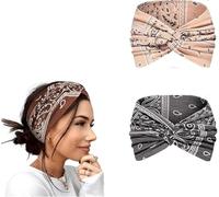 Bandeau Cheveux Femme Boho Bandeaux Vintage Fleur Imprimé Hair Bandeau Cross Noué Élastique Bande de Cheveux Accessoire pour Yoga, Sport & Running