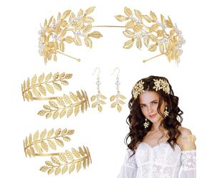 Bandeau De Déesse Feuille - Couronne De Mariée En D’or, Boucles D’oreilles Brassard Assorties, Équipement De Costume De Mythologie | Bijoux D'événement Formel, Accessoire De Photographie Pour