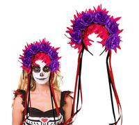 Bandeau de fleurs mexicaines Jour des morts avec ruban - Accessoires pour cheveux pour femmes et filles - Accessoire pour Halloween et cosplay - Violet et rouge