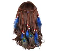 Bandeau de jogging pour femme - Bandeau à plumes - Style bohème - Style hippie - Pour festival, fête, casque de cross - Bleu - Taille unique