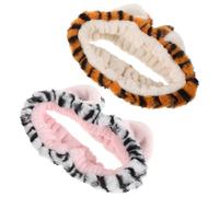 Bandeau de Maquillage Duveteux Lot de 2, à Oreilles de Tigre | Peluche Lavable, Élastique Réglable, Blanc et Jaune, pour Masque Facial, Spa, Routine Garçon Fille