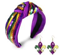 Bandeau de Mardi Gras violet vert doré à paillettes larges nouées pour femme, boucles d'oreilles fleur de lys, carnaval, défilé, nœud fesitval, bandeau de la Nouvelle-Orléans, tenue de mardi gras,