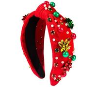 Bandeau de Noël vintage noué rouge avec strass, perles vertes rouges et décor de flocon neige, nœud supérieur large pour femme, couvre-chef Noël, tenues vacances, cadeaux