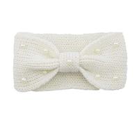 Bandeau d'hiver tricoté - Bandeau élastique avec nœuds - Large bandeau cache-oreilles - Avec perles - Pour femme/femme - 11 x 21 cm - Crème