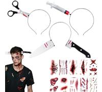 Bandeau d'Horreur Halloween-10 Tatouages 3 Pièces Halloween Serre Tête avec Ciseaux Seringue Couteau dans la Tête Ensanglantée Déguisement Effrayant pour Zombie Boucher Cosplay Terreur Vampire