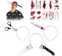 Bandeau d'Horreur Halloween 3 pièces, Serre Tete Couteau Halloween,10 feuilles Cicatrice Tatouage, pour les carnavals, les fêtes d'horreur, les bals costumés et les accessoires costumes pour jeux rôle