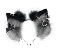 Bandeau d'oreilles de chat, 1pcs d'oreilles à fourrure avec du cœur en métal et décor de chaîne, punk gothique, pain cheveux animal pour costume cosplay, et greycat
