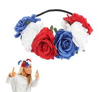 Bandeau élastique pour femme - Bleu rouge et blanc - Couronne de fleurs roses - Accessoire de cheveux hawaïen