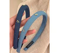 Bandeau en jean bleu fin effet spongieux avec garniture de nœud pour filles, serre-tête en jean vintage rétro, accessoire de mode pour cheveux avec bandeau de mousse matelassé pour une utilisation quo