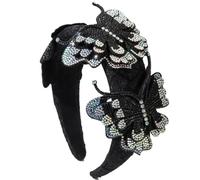 Bandeau en tissu éponge plein de fleurs de diamant et double papillon volant ornement de cheveux, noir