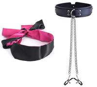 Bandeau érotique Masque pour les yeux Bondage BDSM Collier érotique en cuir Collier avec pinces à tétons Chaîne pour seins SM Jouet sexuel