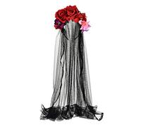 Bandeau Jour des Morts avec couronne florale et voile - Pour Halloween - Rouge, rose, voile noir