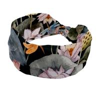 Bandeau large pour femme - Style vintage - Aquarelle - Fleur de lotus - Libellule - Élastique - Antidérapant - Pour l'entraînement, le yoga, le sport, la course à pied