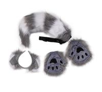 Bandeau Oreilles de Loup, Ensemble de Queue et Griffes, Fausse Fourrure de Loup, fabriqué à la Main, Réglable pour Festival, Cosplay, Fête (Gris Blanc)