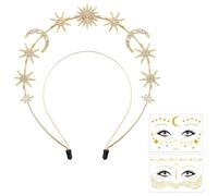 Bandeau Soleil Lune et Étoiles,Sun Crown Étoiles Cristal Bandeau avec 2 Tatouages Temporaires de Soleil,Paillettes Soleil Lune Étoiles Bandeau Accessoires pour Femmes Boho Mariage Carnaval Casque