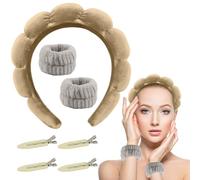 Bandeau Spa Femme Bracelets Poignet Lavage Visage Kit Skincare avec 1 Bandeau Maquillage Éponge Doux, 2 Bracelets Absorbants et 2 Pinces à Cheveux Soins de la Peau, Démaquillage, Spa Maison (Marron)