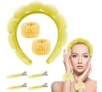 Bandeau Spa Femme Bracelets Poignet Lavage Visage Kit Skincare avec 1 Bandeau Maquillage Éponge Doux, 2 Bracelets Absorbants et 2 Pinces à Cheveux Soins de la Peau, Démaquillage, Spa Maison (Jaune)