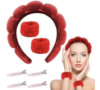 Bandeau Spa Femme Bracelets Poignet Lavage Visage Kit Skincare avec 1 Bandeau Maquillage Éponge Doux, 2 Bracelets Absorbants et 2 Pinces à Cheveux Soins de la Peau, Démaquillage, Spa Maison (Bordeaux)