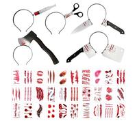 Bandeaux Accessoire Halloween, Serre Tete Couteau + Autocollants de Tatouage Horror, Bandeau avec Ciseaux Seringue Couteau, Costume Accessoire pour Halloween Carnaval Mascarade