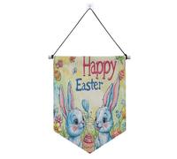 Banderitas Happy Easter Cartoon Cute White Rabbit Flowers Hanging with Telescopic Rod Flag Banner Outdoor Decoration For Door Wall Window Garden Yard Banderitas Para Fiesta