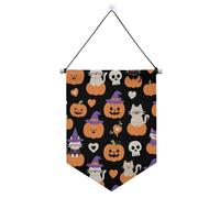 Banderitas orange Evil Halloween chat blanc en tissu à suspendre avec tige télescopique pour porte de cour décorations d'extérieur pour intérieur et extérieur fête banderitas para fiestas