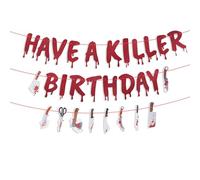 Banderole d'Anniversaire Have a Killer, Pré-Enfilée Décorations Fête d'Halloween Guirlande de Faux Couteaux Rouges et Sanglants pour Décor de Fête à Thème Film d'Horreur Zombie Vampire