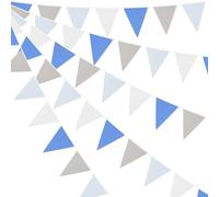 Banderole de fanions triangulaires réutilisables et lavables avec 36 drapeaux pour mariage, anniversaire, fête prénatale, fête, intérieur et extérieur (bleu, gris, blanc)