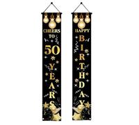 Banderole de Porte 50e Anniversaire,Toile de Fond de Bannière de Porte Joyeux Anniversaire pour Hommes et Femmes,Or Noir Fête d'Anniversaire Porche Décoration Bannière en Tissu