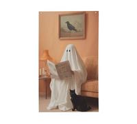 Banderole de vœux avec œillets pour décoration d'intérieur ou d'extérieur Motif fantôme mignon lisant un journal Noir 0,9 x 1,5 m