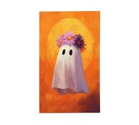 Banderole de vœux flottante avec œillets pour décoration d'intérieur ou d'extérieur Motif fantôme mignon portant une couronne de lavande et marguerite 91 x 152 cm