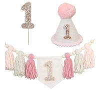 Banderole décorative 1 an enfant avec chapeau conique et toile de fond pour gâteau Kit complet anniversaire thème kaki décoration fête bébé fille ou garçon (Type A)
