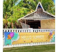 Banderole d'été Décorations extérieures grand format 304,8 x 50,8 cm Drapeau de bienvenue avec inscription « Hello Welcome » Parasol de plage à ventouse pour barbecue, fête, vacances, piscine, décoration d'intérieur, maison, jardin, rassemblement