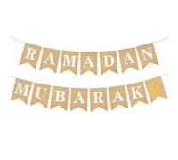 Banderole Eid Mubarak, Etoile Lune et Ramadan Mubarak Banner, Bannière en Toile de Jute Ramadan Kareem, Banner Für Haus Party pour Décoration de Cheminée Musulman Islam Fête