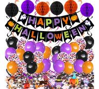 Banderole et kit de décoration Happy Halloween - Boules en papier nid d'abeille, serpentins, confettis et ballons avec motifs citrouille/chauve-souris/chat pour décoration de fête intérieur/extérieur