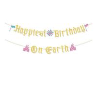 Banderole Happiest Birthday on Earth, Pré-Enfilée Thème Princesse Banderole Décoration de Fête Château de Princesse pour Filles Fête D'anniversaire Baby Shower