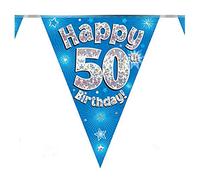Banderole holographique « Happy 50th Birthday » - Bleu - Longueur : 3,9 m - 11 Drapeaux