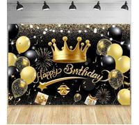 Banderole Joyeux Anniversaire, Décoration Fête En Noir Or Toile De Fond Bannière Thème Couronne Joyeux Anniversaire Pour