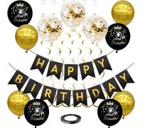 Banderole Joyeux Anniversaire, Guirlande Joyeux Anniversaire Happy Birthday Bannière Ballon Noir Or Confettis Ballon Decoration Anniversaire Kit pour Femme Homme Fille Garcon