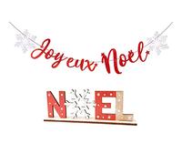 Banderole Joyeux Noël et Lettre en Bois - Ornement avec Flocon de Neige, Bannière Français Rouge, Guirlande Suspendue pour Fenêtre, Vitre, Table - Décoration et Cadeau de Fête