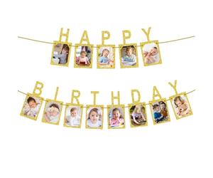 Banderole photo joyeux anniversaire, album photo en papier kraft, banderole photo d'anniversaire, banderole joyeux anniversaire pour enfants et adultes, décoration de fête d'anniversaire (doré)
