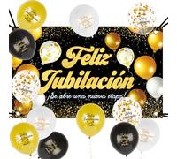 Banderole Vive La Retraite en Espagnol et 12PCS Ballons avec Ruban de Soie Bannière Retirement Décoration Fourniture pour Fête de Retirement Voyage Banderole (Noir Or banderole)