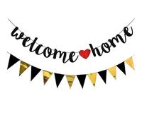 Banderole Welcome Home Guirlande Décoration Noir Doré - Bannière à Paillettes Dorées avec Cœurs Rouges pour Fête de Famille, Retour de Voyage, Bienvenue Bebe et Retrouvailles, Prête à Accrocher