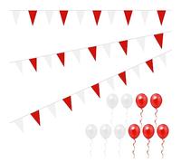 Banderoles Rouges et Blanches de 40 m et 10 Ballons, bannière de Drapeau Triangulaire, réutilisable Double Face, décoration de fête, Convient pour Jardin extérieur, fête d'anniversaire, Noël