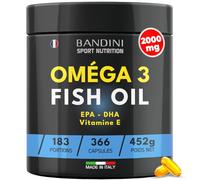 Bandini® OMEGA 3 Huile de Poisson 2000mg, 366 Gélules (180 Jours)- 600mg de Triglycérides bio-actifs EPA et DHA, Oméga 3 pour cerveau, cœur | Sans arrière-goût et Odeur - Pur, Biodisponible, Sans OGM