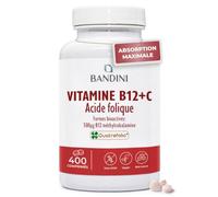 Bandini® Vitamine B12 + Acide folique 400 comprimés | Absorption du fer | Formes bioactives biodisponibles: 500µg de B 12 méthylcobalamine, 200µg de folate Quatrefolic ® , 80mg de Vit C, vegan, +1 An